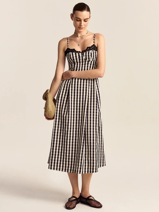 Commense Dresses & Skirts - 178 Gingham Spaghetti Strap Midi Dress with Lace Trim